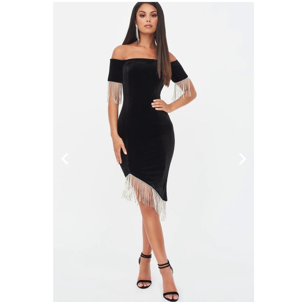Lavish Alice velvet and diamante bardot midi dress in black
